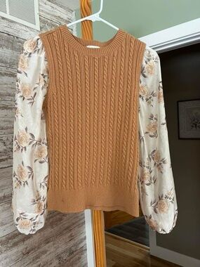Brown Cable-Knit Sweater Vest with Floral Puff Sleeves